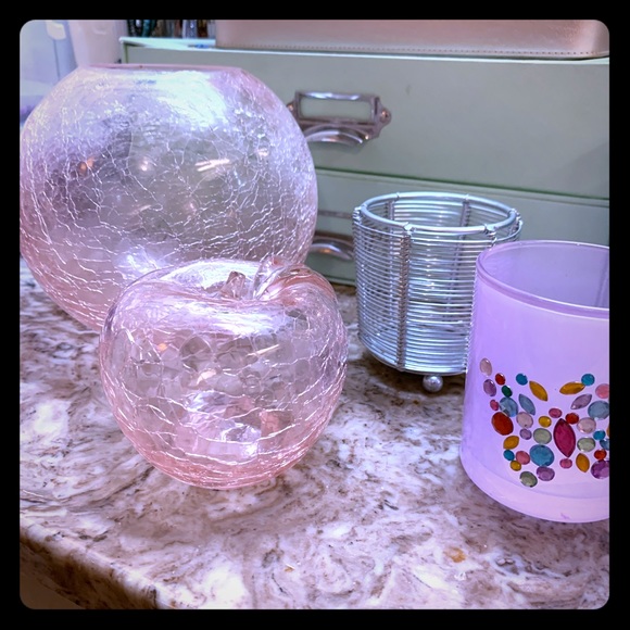 Other - Pink glass vase and apple & 2 candle holders